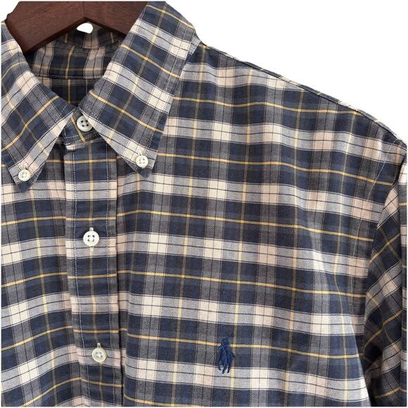 Polo Ralph Lauren Button Up Shirt Men’s Large Green Beige Blue Plaid Blue Pony - Picture 2 of 11